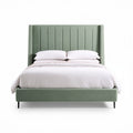 Lit double en tissu vert avec tête de lit rembourrée 205 x 160 x 120cm