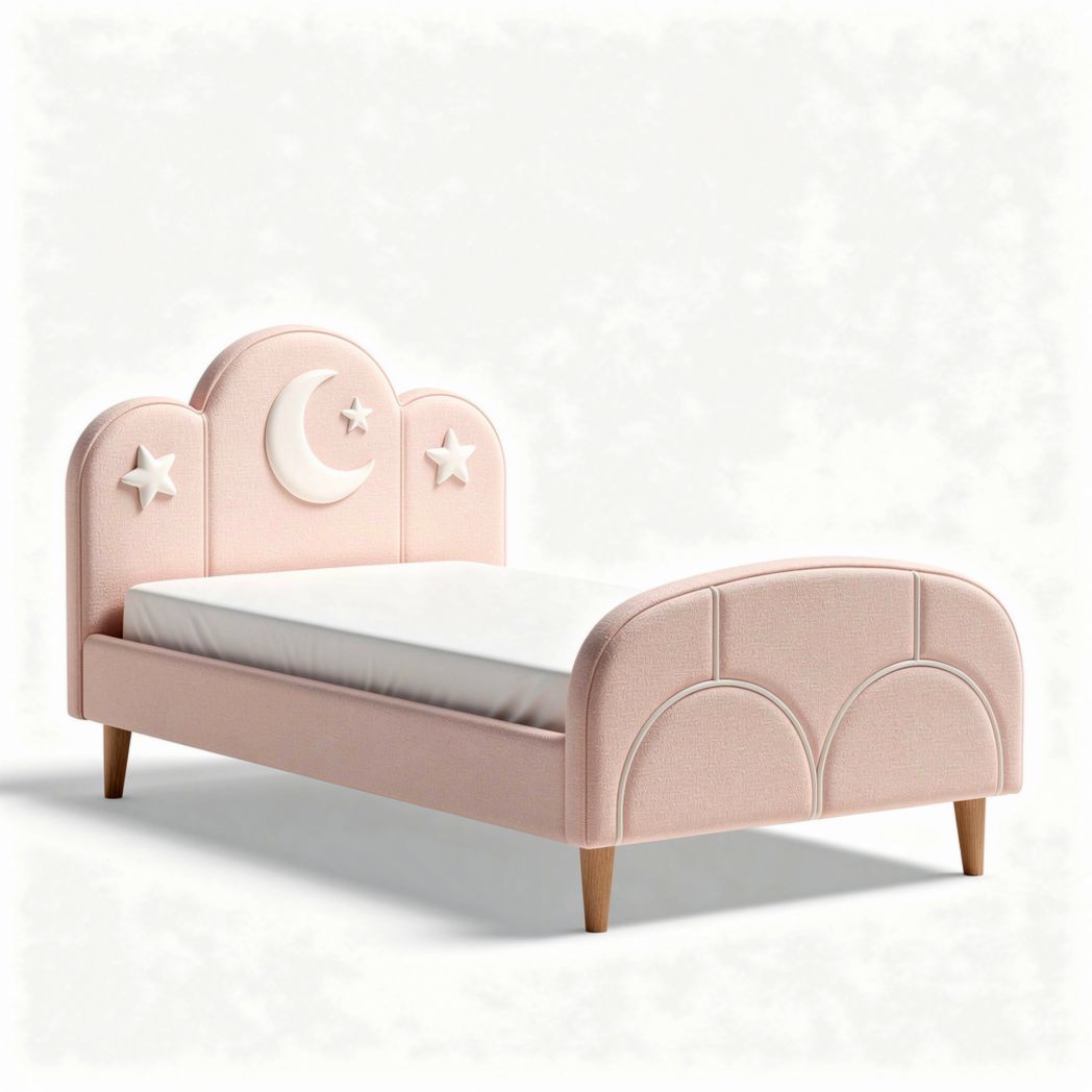 Lit enfant en tissu rose avec tête de lit en forme de lune et étoiles 150 x 75 x 80cm