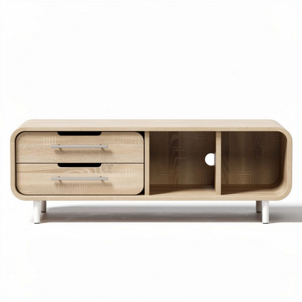 Meuble de télévision en bois naturel de 120 x 40 x 45cm avec deux tiroirs et un espace de rangement ouvert