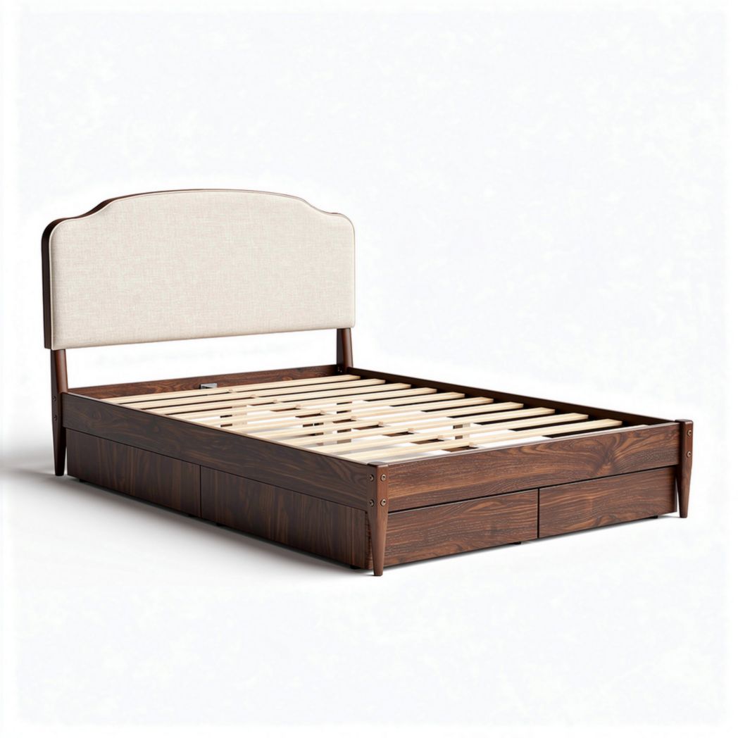 Lit en bois avec tête de lit rembourrée et tiroirs de rangement 200 x 160 x 90cm