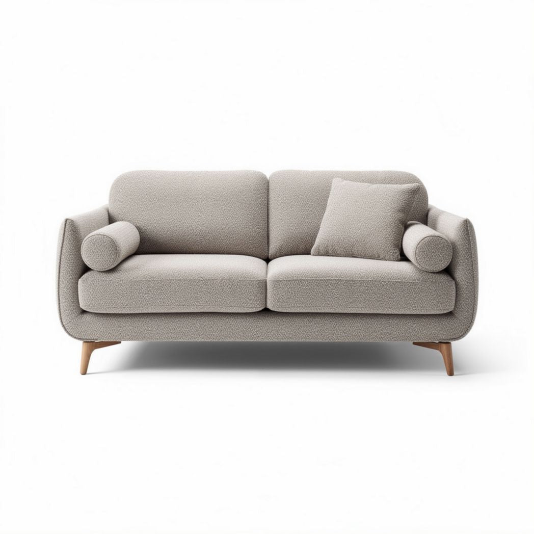 Sofa en tissu bouclé gris clair avec coussin et pieds en bois 180 x 90 x 85cm