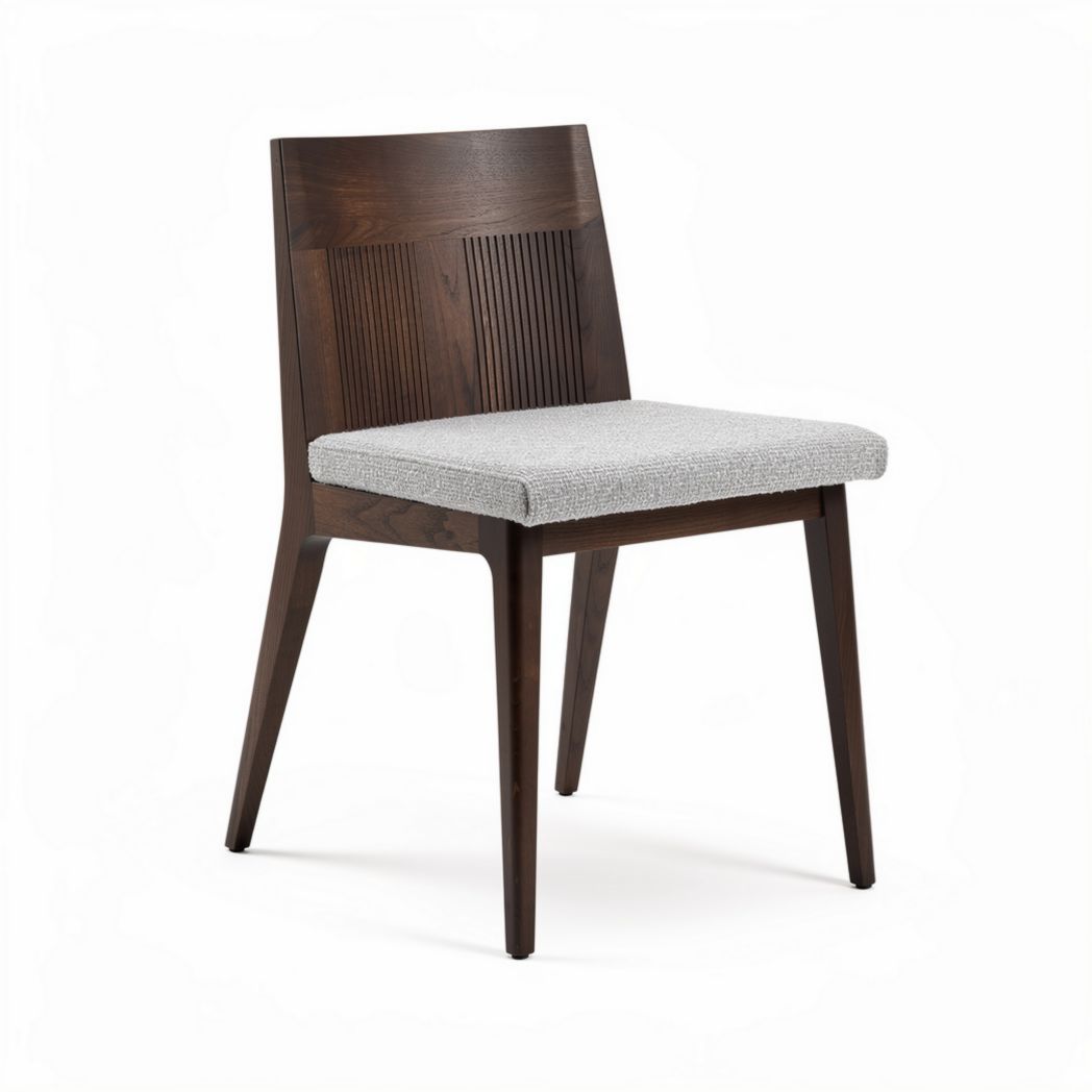 Chaise en bois sombre avec assise en tissu gris dimensions 45 x 45 x 80cm
