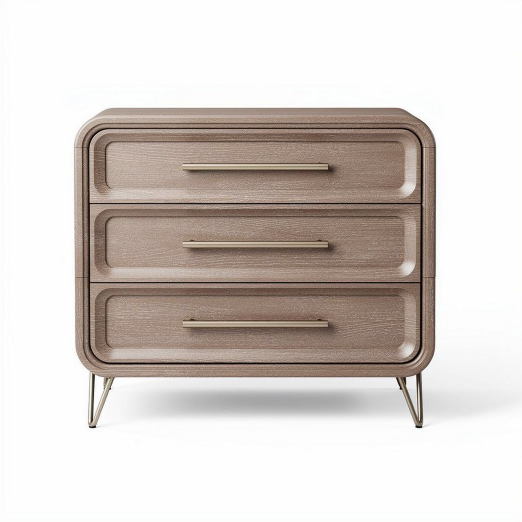 Commode en bois clair avec trois tiroirs et pieds en métal 50 x 40 x 30cm